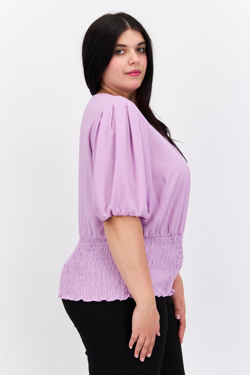 1 State Women Plus Size V-Neck Puffed Sleeves Plain Blouse, Purple - Image 2